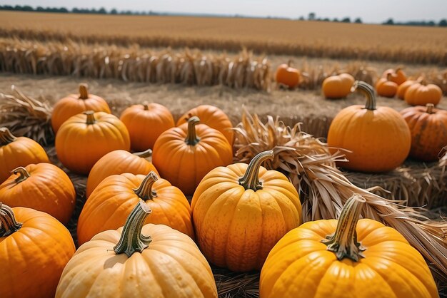 Closeup of ripe pumpkins with a blurred cornfield in the background