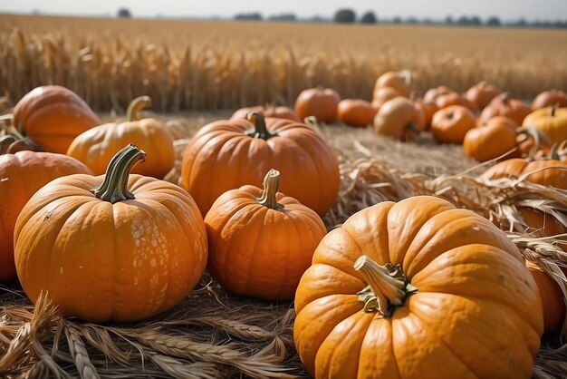 Photo closeup of ripe pumpkins with a blurred cornfield in the background