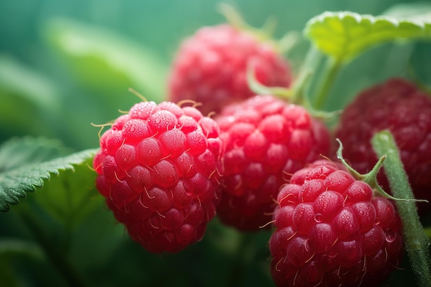 Closeup ripe raspberry in the garden generative ai