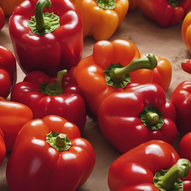 Closeup of ripe red bell peppers falling on a beige surface