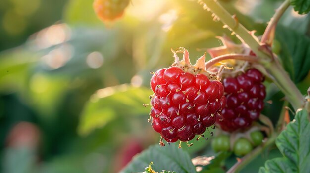 Photo closeup of a ripe red raspberry hanging from a branch in a garden the berry is illuminated by the sun and has a natural fresh appearance