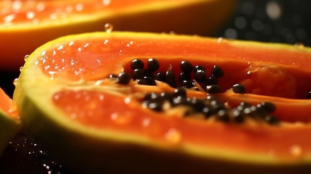 A closeup of a ripe sliced papaya with a sprinkle of lime