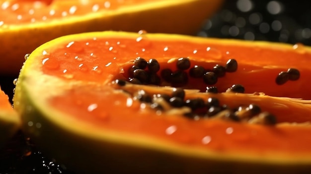 A closeup of a ripe sliced papaya with a sprinkle of lime