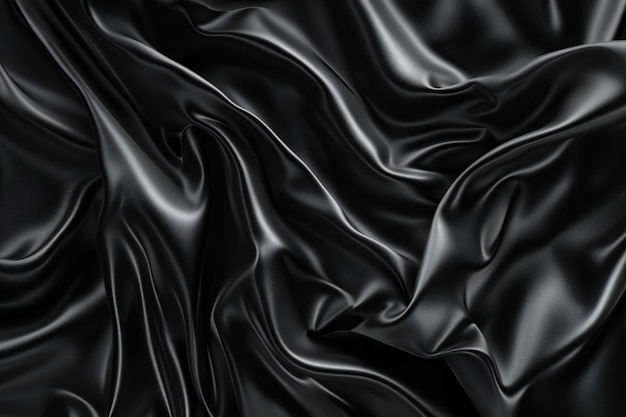 Photo closeup of rippled black silk fabric texture background