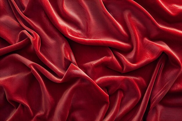 Closeup of rippled red satin fabric as background texture