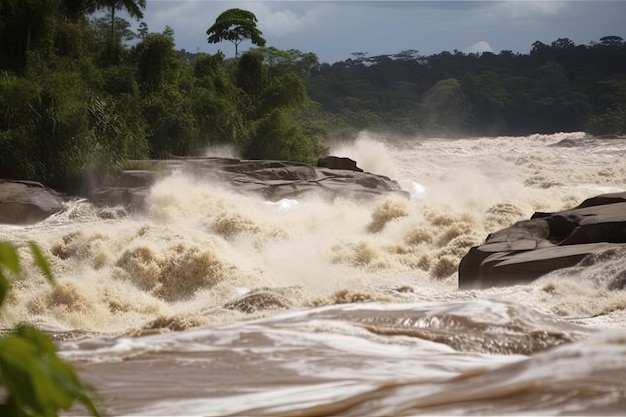 Closeup of a river in the amazon with its waters flowing and rushing created with generative ai