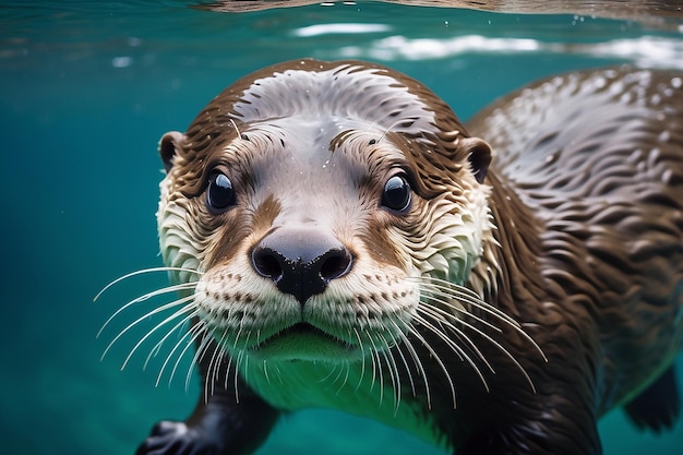 closeup of a river otter in the water