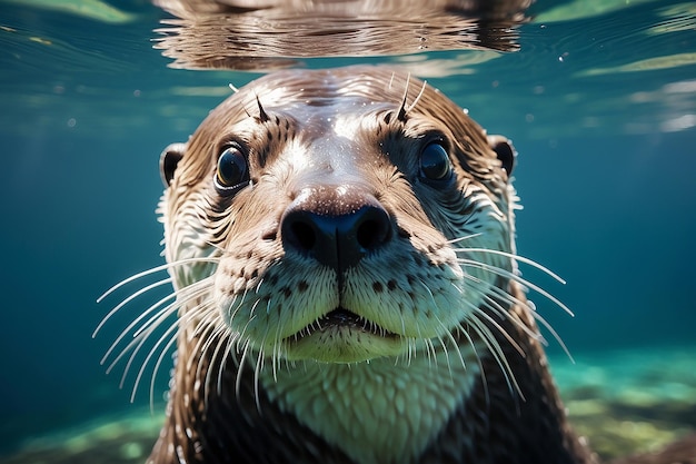 closeup of a river otter in the water