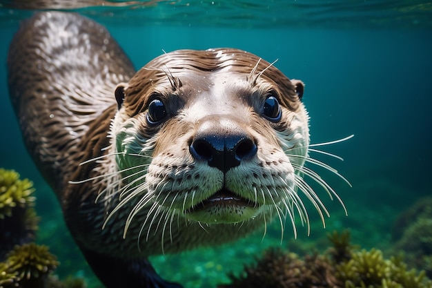 closeup of a river otter in the water