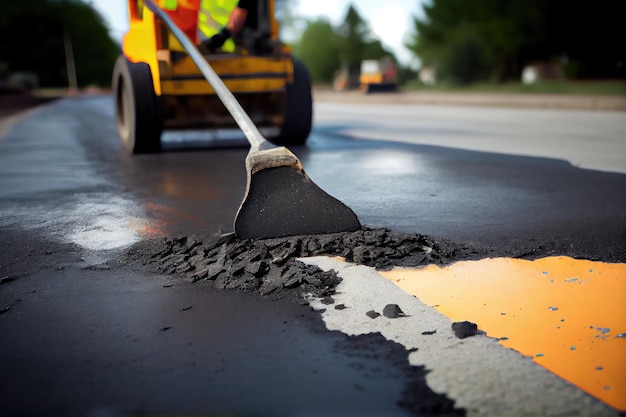 Closeup of road surface being patched with hot asphalt