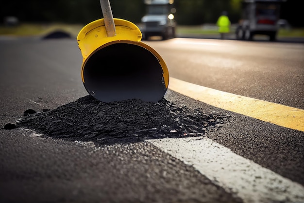 Photo closeup of road surface being patched with hot asphalt