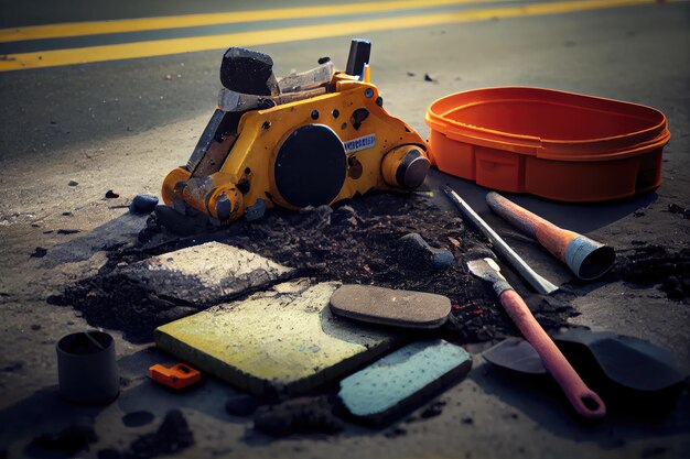 Closeup of road surface repair with tools and equipment visible