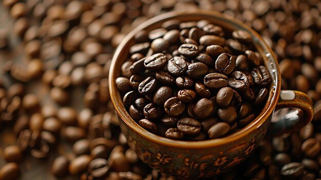 Closeup of roasted coffee beans in a ceramic cup The beans are dark brown and shiny and the cup is brown with a floral pattern