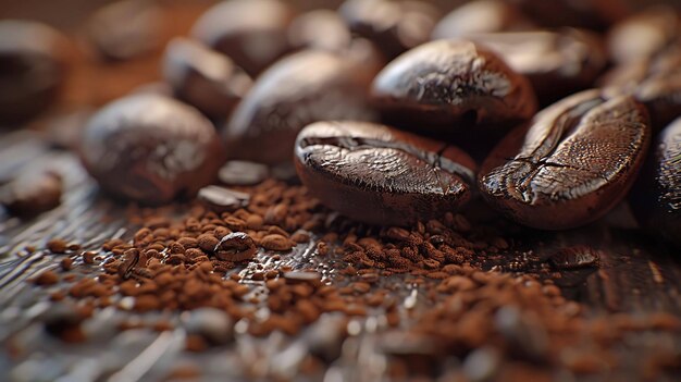 Photo closeup of roasted coffee beans and ground coffee on a wooden table