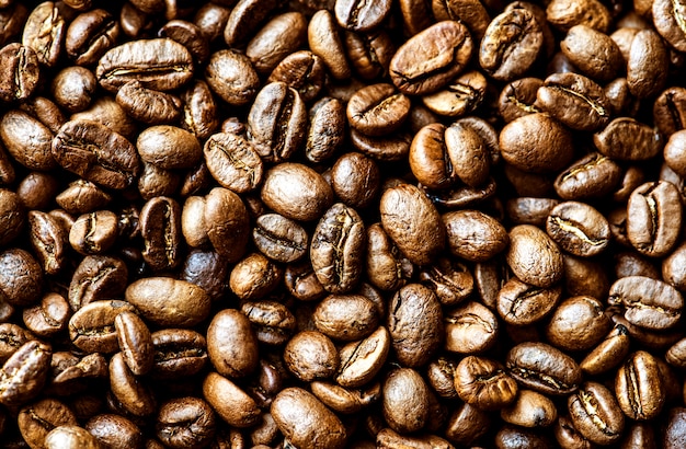 Closeup of roasted coffee beans macro