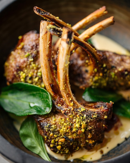 Closeup on roasted gourmet rack of lamb dish with herbs and sauce