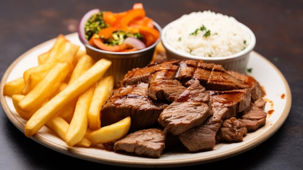 Closeup of roasted meat with sauce vegetables and fries in a plate on the table generative ai