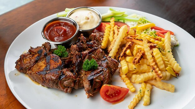 Closeup of roasted meat with sauce vegetables and fries in a plate on the table