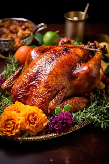 Closeup of a roasted turkey on a platter with garnish created with generative ai