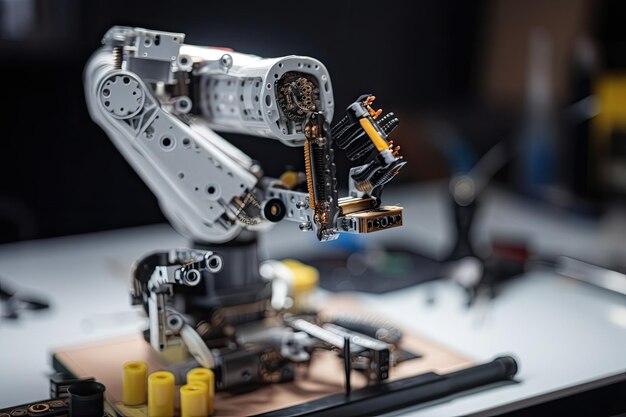 Photo closeup of robot arm with tools and parts laid out for repair created with generative ai