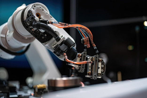 생성 AI로 생성된 도구 및 부품이 보이는 로봇 팔의 근접 촬영