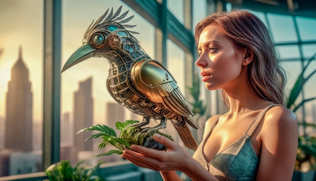 Foto primo piano di un uccello robot sulla mano di una ragazza ecologia e concetto di protezione ambientale