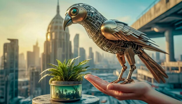 closeup of a robot bird on a girl s hand ecology and environmental protection concept