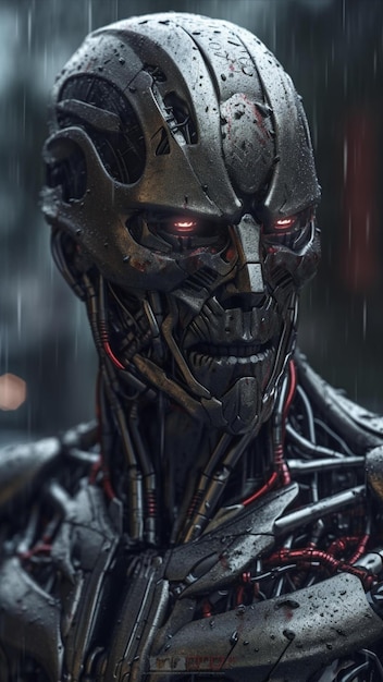 Closeup of a robot in the rain for phone wallpapers