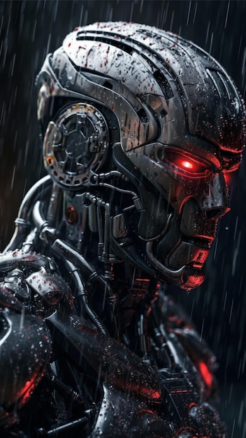 Closeup of a robot in the rain for phone wallpapers