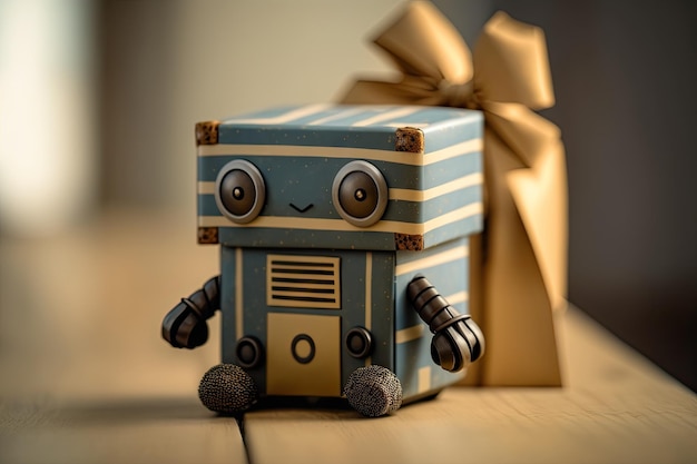 Photo closeup of robot with cute face and wrapped gift box in hand