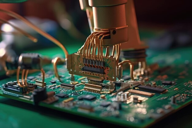 Photo closeup of a robotic arm assembling circuit boards created with generative ai