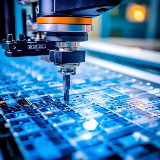 Closeup of a robotic arm in the factory delicately placing silicon wafers onto a production line