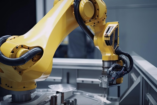 生成 AI で作成された工場内で正確な動きを実行するロボット アームのクローズ アップ