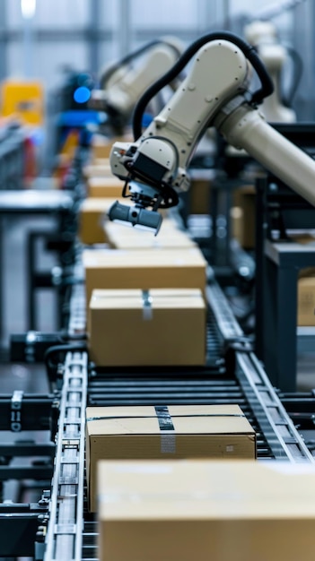 A closeup of a robotic arm in a warehouse placing a package on a conveyor belt depicting the precision of automated logistics