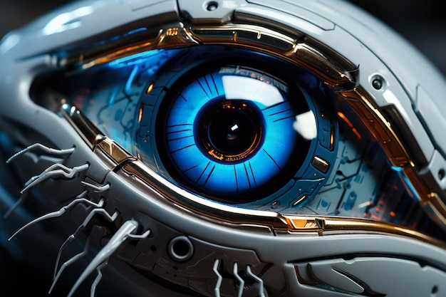 A closeup of a robotic eye the concept of robotics