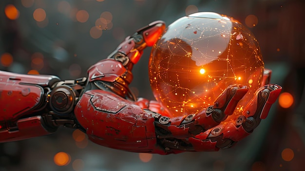 Closeup of a robotic hand holding a glowing orb