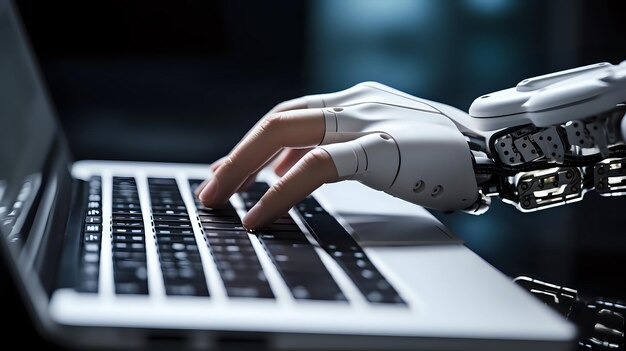 A closeup of a robotic hand typing on a laptop keyboard