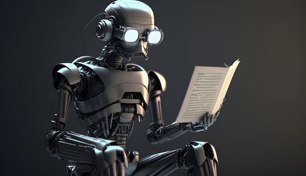 Closeup of a robotic reader sitting cyborg advanced AI cyberpunk future realistic AI evil intelligence AI research park reader futuristic portrait detailed humanoid