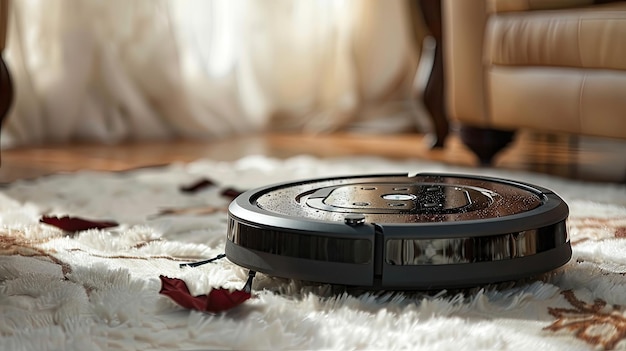 Closeup of a robotic vacuum cleaner in action