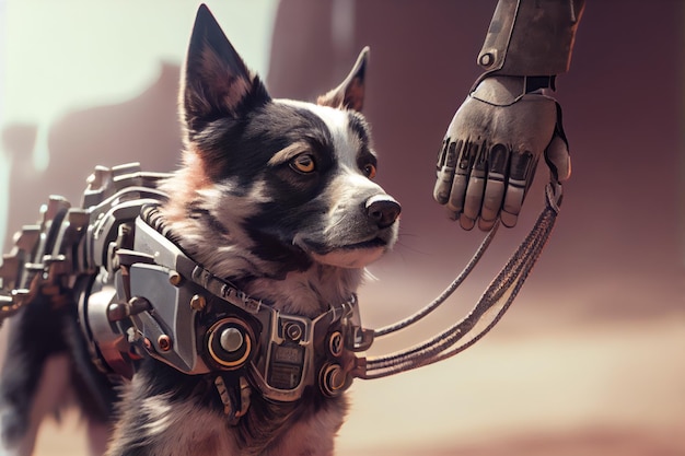 Closeup of robots hand holding leash and walking dog