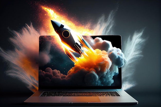Photo closeup of rocket launching from sleek laptop screen with smoke and flames visible