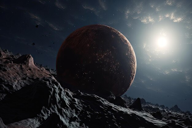 Closeup of rocky and dusty exoplanet with starry sky in the background created with generative ai