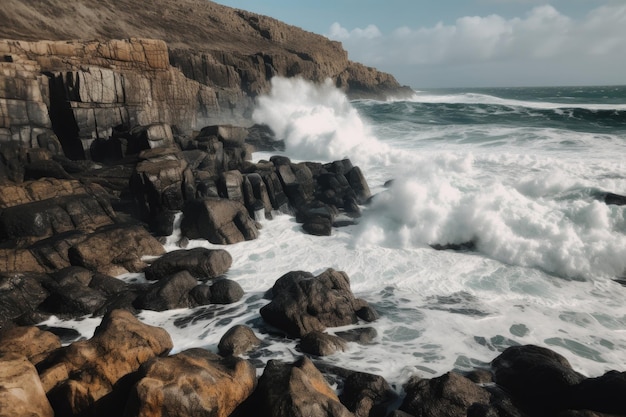 Closeup of rocky shoreline with waves crashing against the cliffs created with generative ai