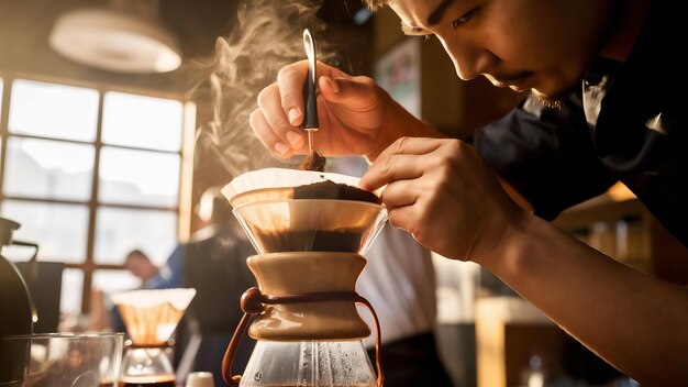 Photo closeup of rofessional bartender preparing pouron coffee in chemex