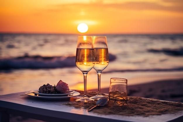 CloseUp Romantic Sunset Dinner on the Beach Created with Advanced AI Techniques