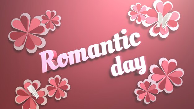 Closeup romantische dag tekst en romantisch hart op valentijnsdag glanzende achtergrond. luxe en elegante stijl 3d illustratie voor vakantie