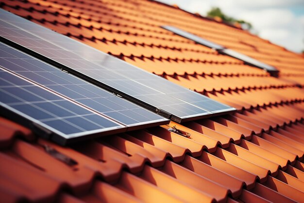 Photo closeup of roof covered with solar panels on white background