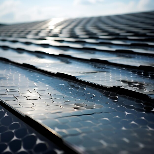Closeup of roof covered with solar panels on white background