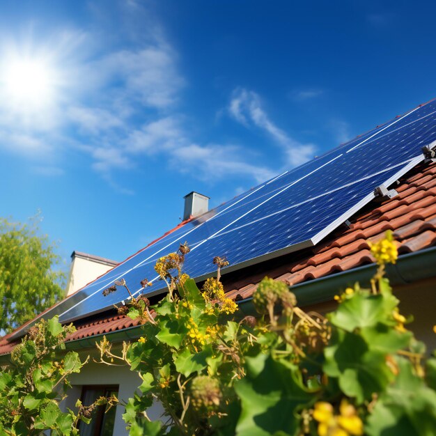 Photo closeup of roof covered with solar panels on white background