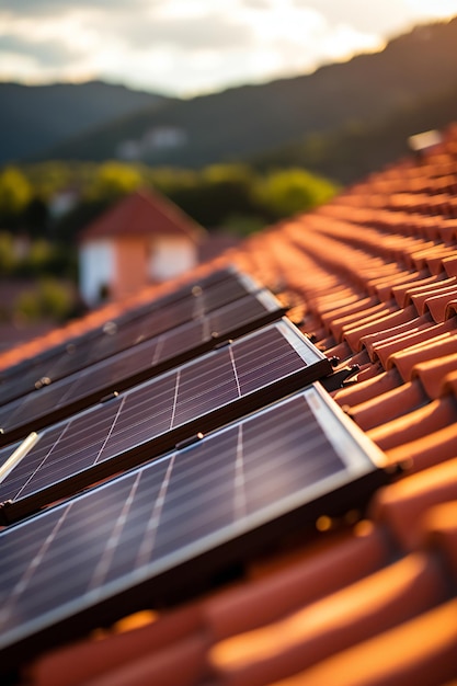 Photo closeup of roof covered with solar panels on white background